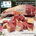 Beef BLADE Australia frozen daging sapi sampil CUBED-DADU RENDANG / CURRY BITE-SIZE 2cm 5/8" (price/pack 600g +/-50pcs) any brand in stock; GBP, WMPG, RALPHS or AMH